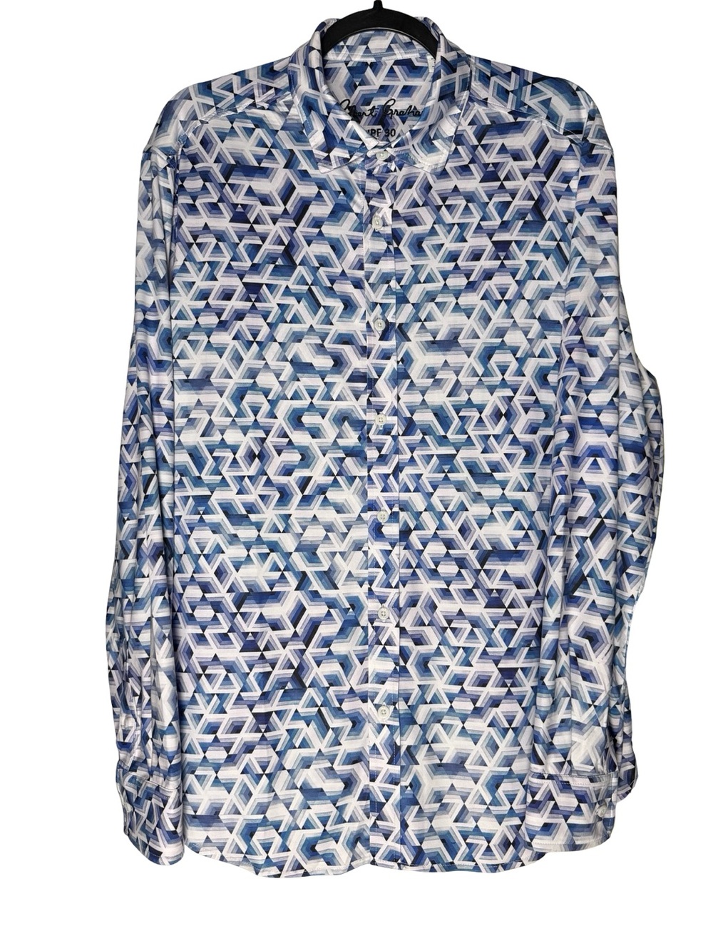 Robert Graham Mens Large UPF 30 Stretch Geo Print Button Shirt Blue Performance